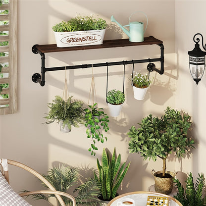 Wall Mounted Industrial Pipe Clothes Rack with Top Wood Shelf and 3 Hooks 66 Lb Capacity Heavy Duty Garment Rack for Bedroom Closet Entryway 39.3 Inch