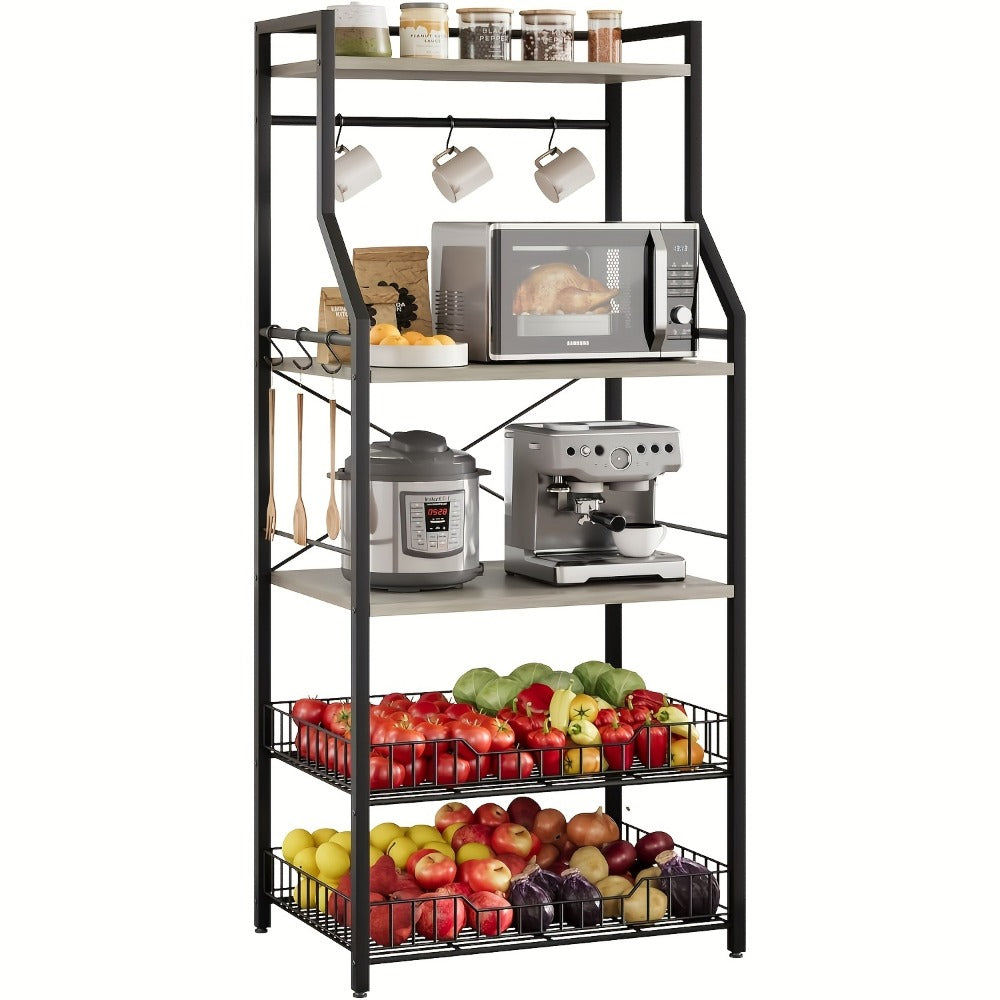 5-Tier Bakers Rack with 2 Wire Baskets - Microwave Oven Stand, Industrial Kitchen Storage Shelf, Coffee Bar Station & Utility Organizer for Home Kitchen
