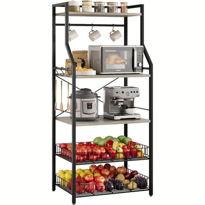 5-Tier Bakers Rack with 2 Wire Baskets - Microwave Oven Stand, Industrial Kitchen Storage Shelf, Coffee Bar Station & Utility Organizer for Home Kitchen