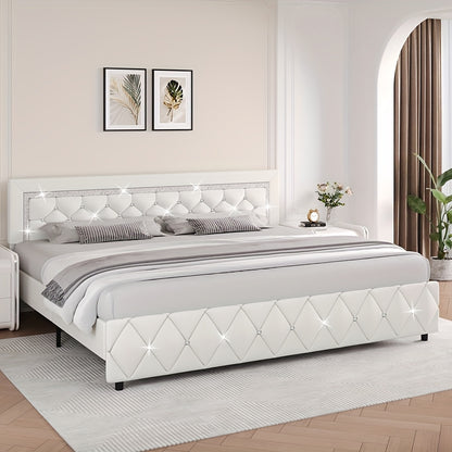 Upholstered Platform Bed Frame with Button-Tufted Diamond Headboard – Wooden Slats, No Box Spring Needed, Twin Full Queen King, Black White Pink Green Gray Beige