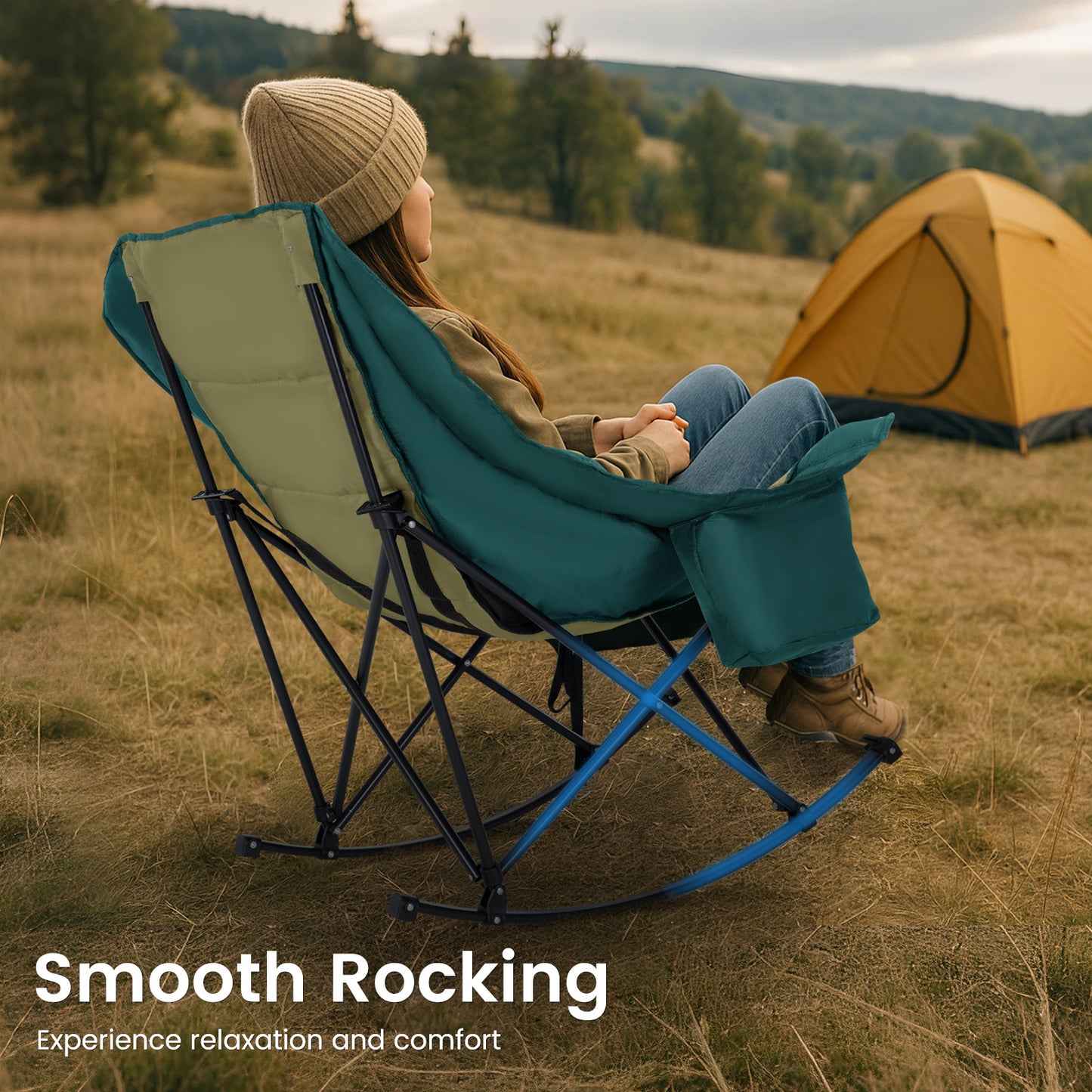 Oversized Rocking Camping Chair, Fully Padded Patio Chair with Cooler Bag and Side Pocket, High Back Portable Lawn Recliner Rocker Chairs for Camp, Patio, Supports 400 lbs