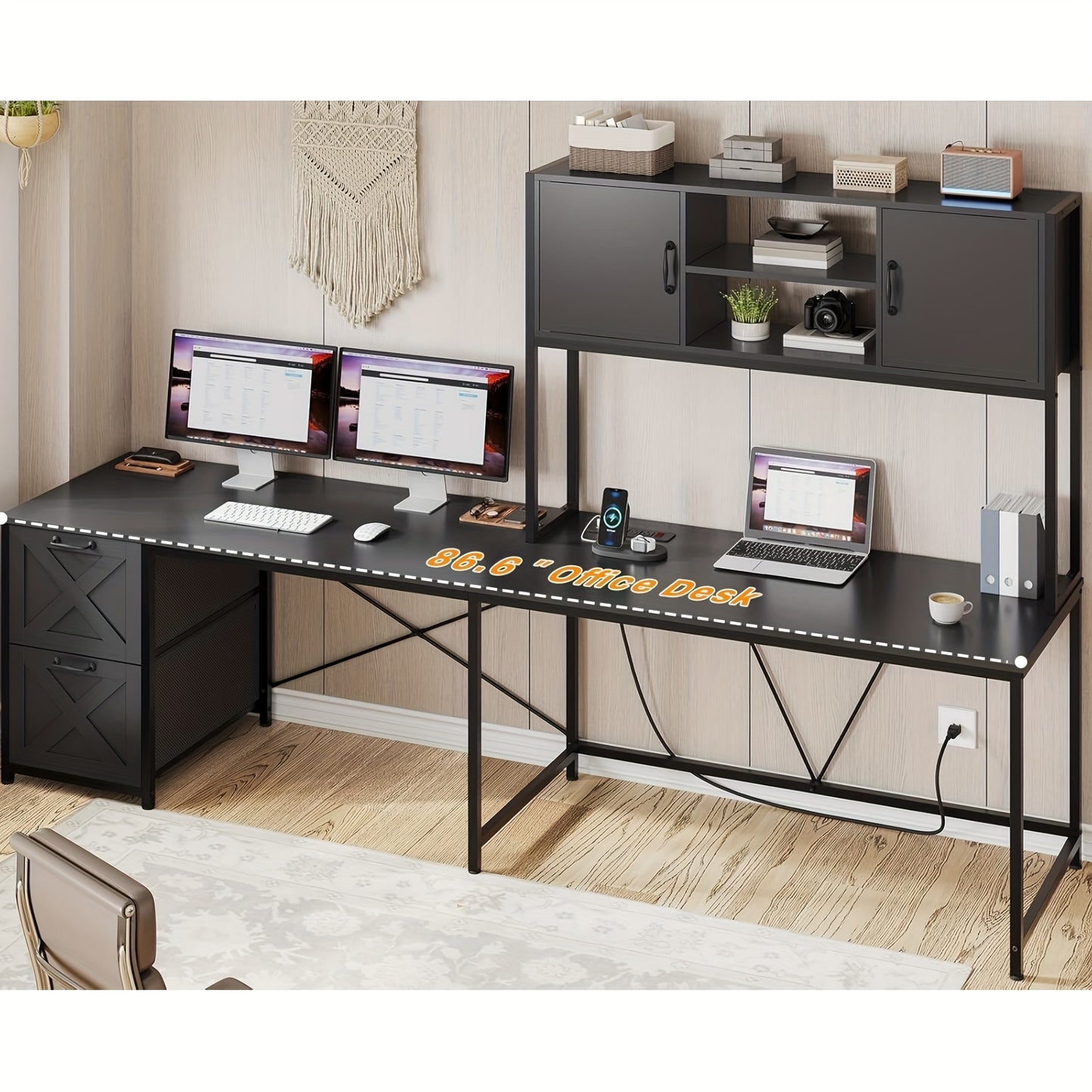L-shaped Desk with Drawers, 62.2-inch Home Office Desk Featuring Fabric File Drawers and Power Outlets, L-shaped Desk with Storage Cabinet, Storage Shelf, LED Light