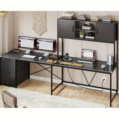 L-shaped Desk with Drawers, 62.2-inch Home Office Desk Featuring Fabric File Drawers and Power Outlets, L-shaped Desk with Storage Cabinet, Storage Shelf, LED Light