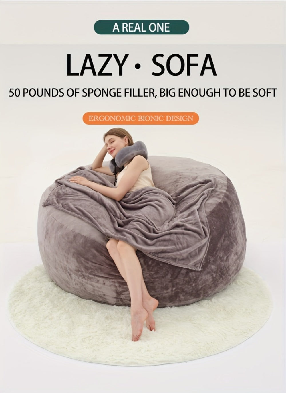 Bean Bag Sofa Chair Set – Includes Bean Bag Chair, U-Shape Pillow, Blanket & 6FT Round Carpet | Large Soft Machine-Washable Beanbag with 50 lb Memory Sponge Fill | Living Room, Bedroom & Gaming Room Relaxation Set