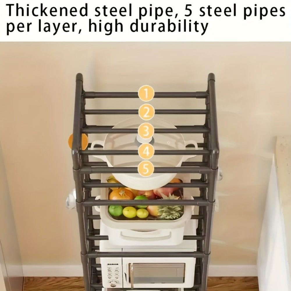6-Tier Adjustable Metal Storage Rack with Wheels and Hooks - Corner Shelving Unit for Kitchen Bathroom and Garage Organization