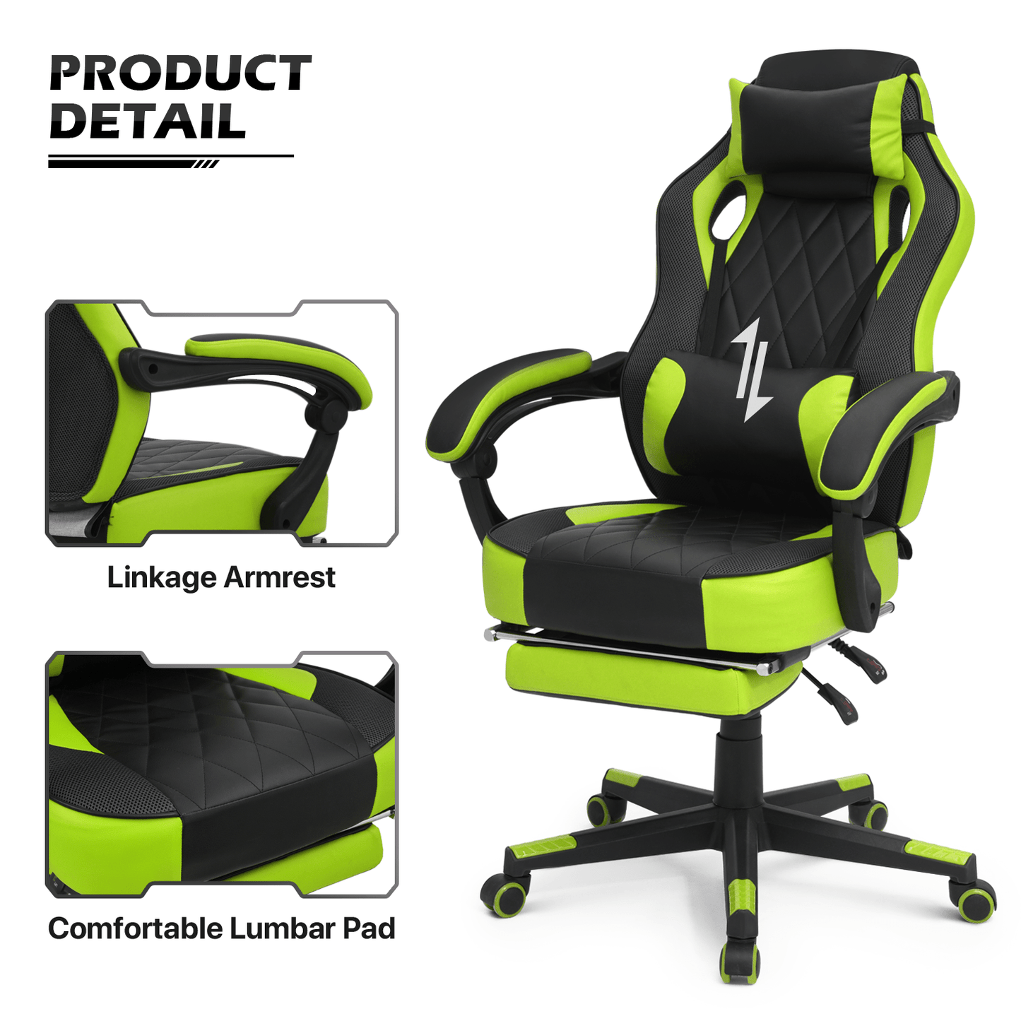 Ergonomic Gaming Chair with Retractable Footrest & Detachable Lumbar Support 360 Degree Swivel Racing Style PU Leather Computer Gaming Chair with Headrest for Home Bedroom Office