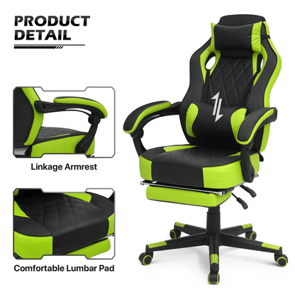 Ergonomic Gaming Chair with Retractable Footrest & Detachable Lumbar Support 360 Degree Swivel Racing Style PU Leather Computer Gaming Chair with Headrest for Home Bedroom Office
