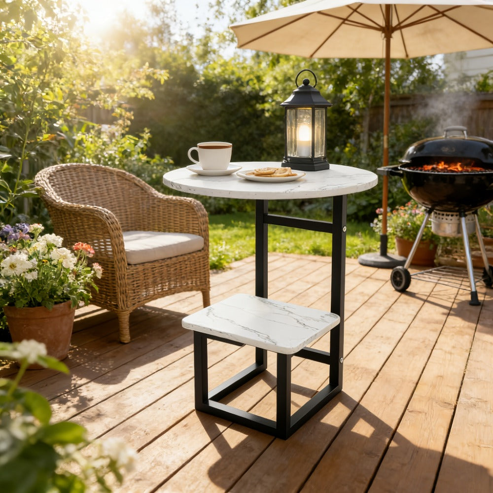 Round Outdoor Side Table with Double-Layer Storage Shelf – Marble Texture Imitation Stone Top, Sturdy Metal Frame, Weather-Resistant End Table for Balcony, Patio, Courtyard, Small Spaces (7 Colors)