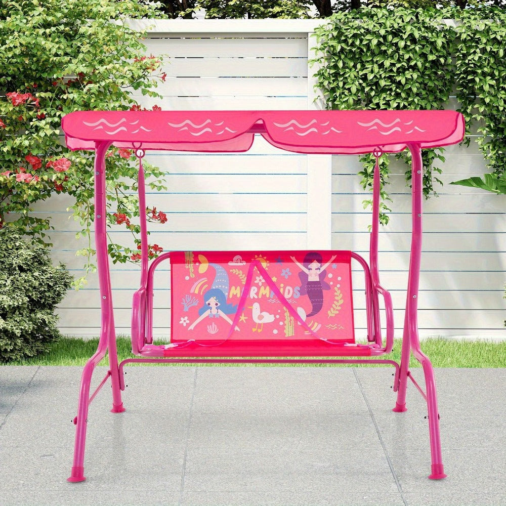 2-Seater Kids Patio Swing with Adjustable Canopy & Safety Belts - Outdoor Porch Swing Chair for Kids 3+, Sturdy Metal Stand, 180 LB Capacity, Fun Dinosaur & Flamingo Patterns