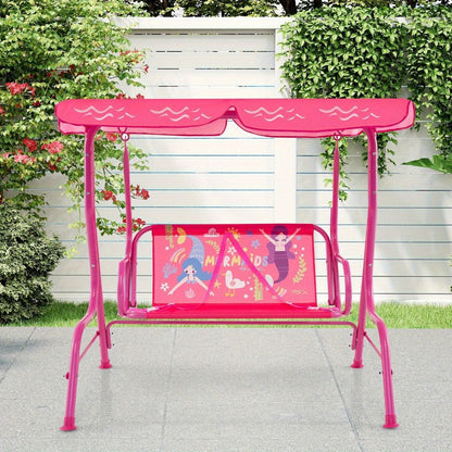 2-Seater Kids Patio Swing with Adjustable Canopy & Safety Belts - Outdoor Porch Swing Chair for Kids 3+, Sturdy Metal Stand, 180 LB Capacity, Fun Dinosaur & Flamingo Patterns