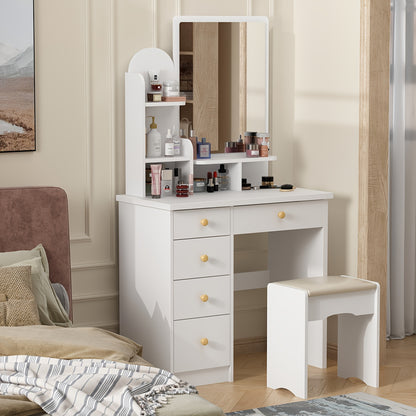 [Elegant Vanity Desk Set] Elegant Vanity Desk Set with Large Mirror, 5 Drawers And Storage Shelves, Makeup Vanity Dressing Table with Cushioned Stool, Strength And Style - 55.1" Tall, 31.5" Wide, Sturdy Design with 70 Lbs Desktop Capacity, Perfect for Mod