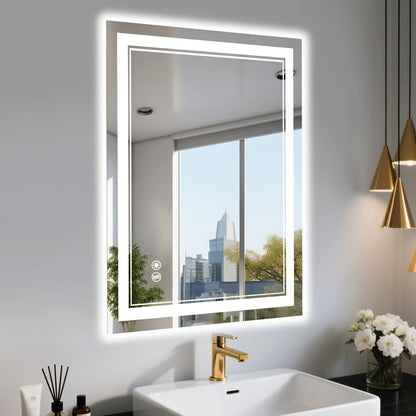 LED Bathroom Mirror Anti-Fog Dimmable with 3 Color Lights, Front & Backlit Smart Mirror Wall Mounted Horizontal/Vertical, Shatter-Proof Lighted Vanity Mirror for Bathroom Makeup, 24x32" & 24x36"