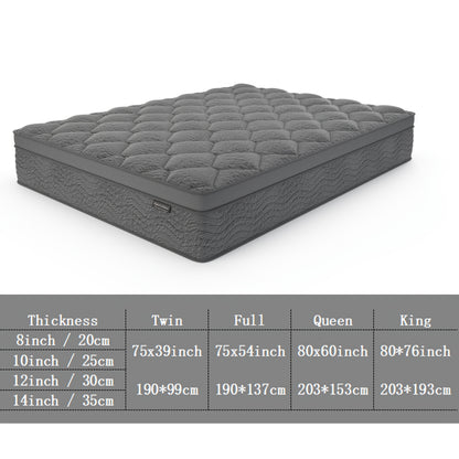 [Hybrid Mattress] 8/10/12 Inch Mattress In Twin, Full, Queen, And King Sizes - Ergonomically Designed, Medium Firm Hybrid Mattress, Offering Luxurious Comfort With Pocket Springs, Grey Quilted Cover, Bed Mattresses