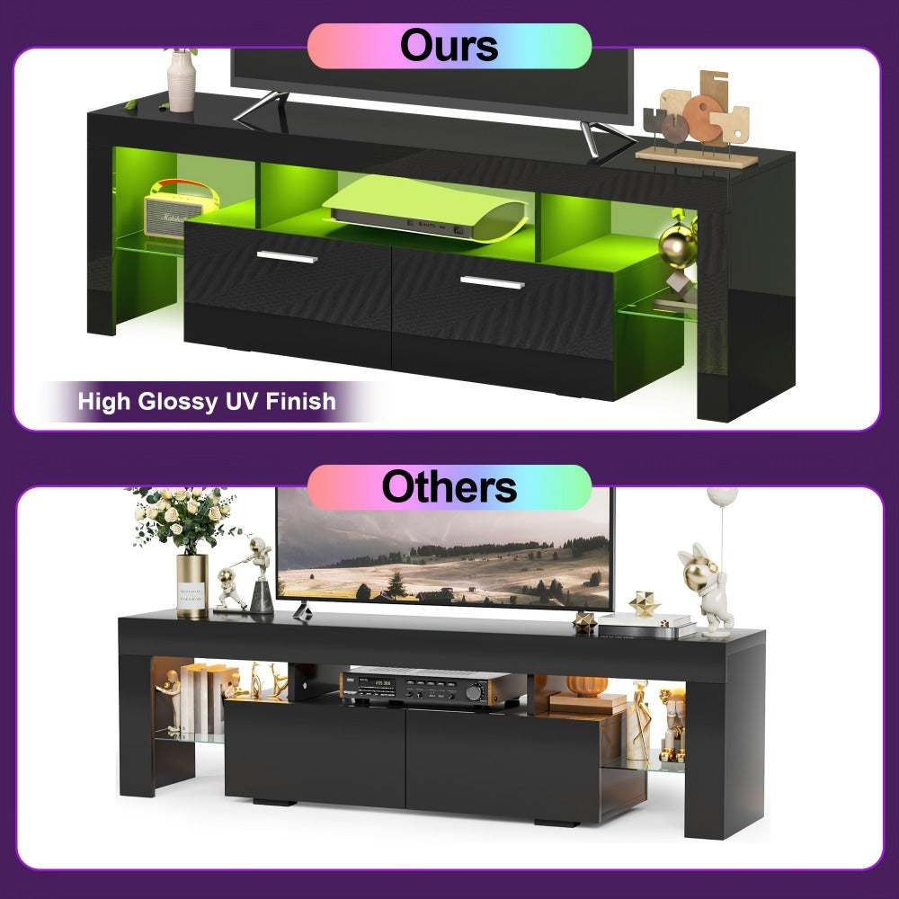 Contemporary LED TV Stand with Storage Drawers, High Gloss Media Console Table for TVs up to 80 Inch, Entertainment Center for Living Room Game Room Bedroom, 51" 63" 71" Sizes Black White Brown