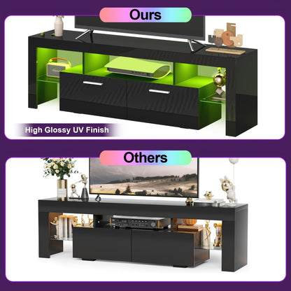Contemporary LED TV Stand with Storage Drawers, High Gloss Media Console Table for TVs up to 80 Inch, Entertainment Center for Living Room Game Room Bedroom, 51" 63" 71" Sizes Black White Brown