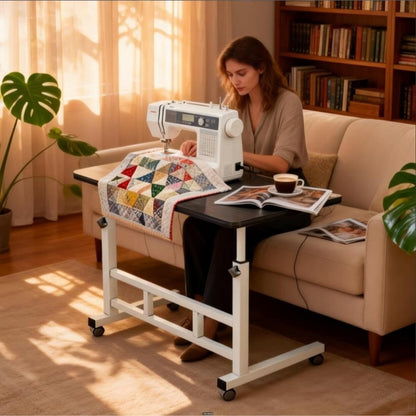 Adjustable Height Wheeled Mobile Table | Movable Multi-Purpose Side Table/Folding Table With Reinforced Frame And Lockable Wheels, Sewing Table With Lift Stand, Available In Black/White - Ideal For Bedrooms, Living Rooms, Studies, Small Spaces