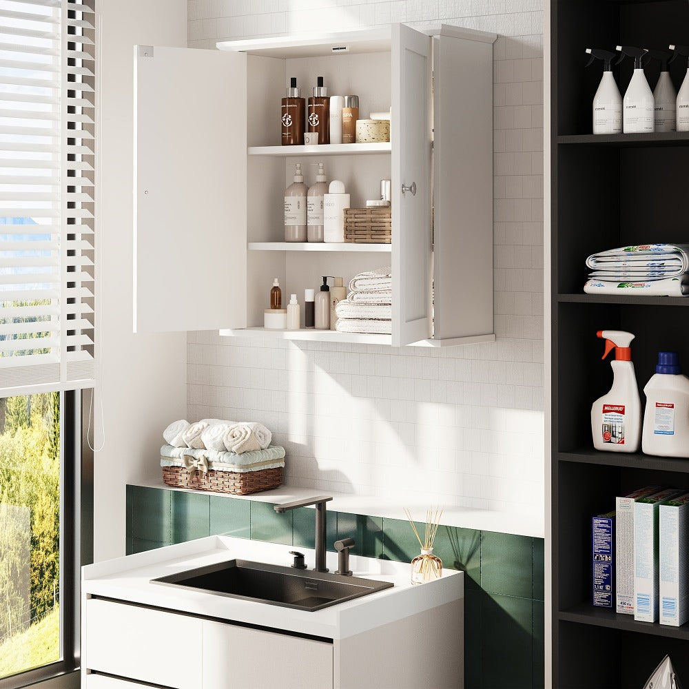 Wall Mounted Bathroom Cabinet with Shelf Linen Tower White, Kitchen Garage Laundry Room Wall Storage Cabinet with Adjustable Shelves