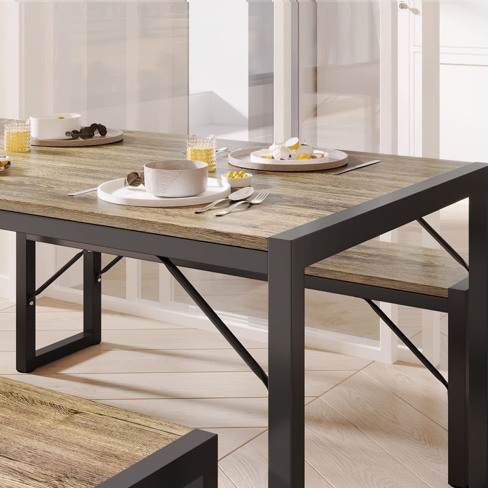 Dining Table Set for 4 with 2 Benches, 45.5" Space-Saving Dinette with Metal Frame & MDF Board for Kitchen & Dining Room, Retro Modern Style - Black/Gray