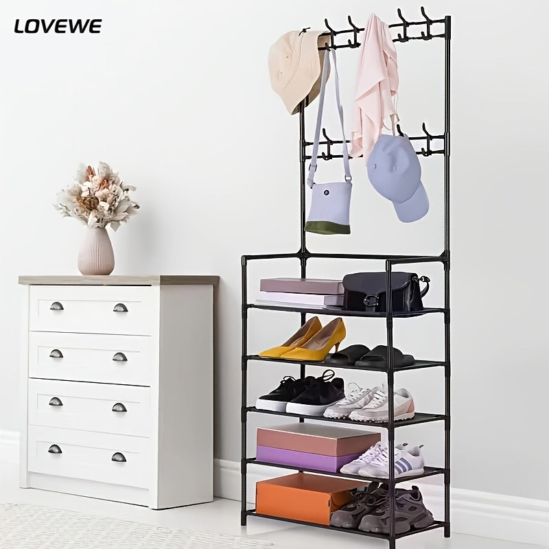 Coat Rack, 5-tier Multifunctional Metal Coat Rack with 10 Double Hooks - Space-saving Storage Solution for Entryways, Living Rooms, Bathrooms And Hallways - Separate Entryway Shoe Rack for Ample Storage Space