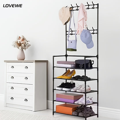 Coat Rack, 5-tier Multifunctional Metal Coat Rack with 10 Double Hooks - Space-saving Storage Solution for Entryways, Living Rooms, Bathrooms And Hallways - Separate Entryway Shoe Rack for Ample Storage Space
