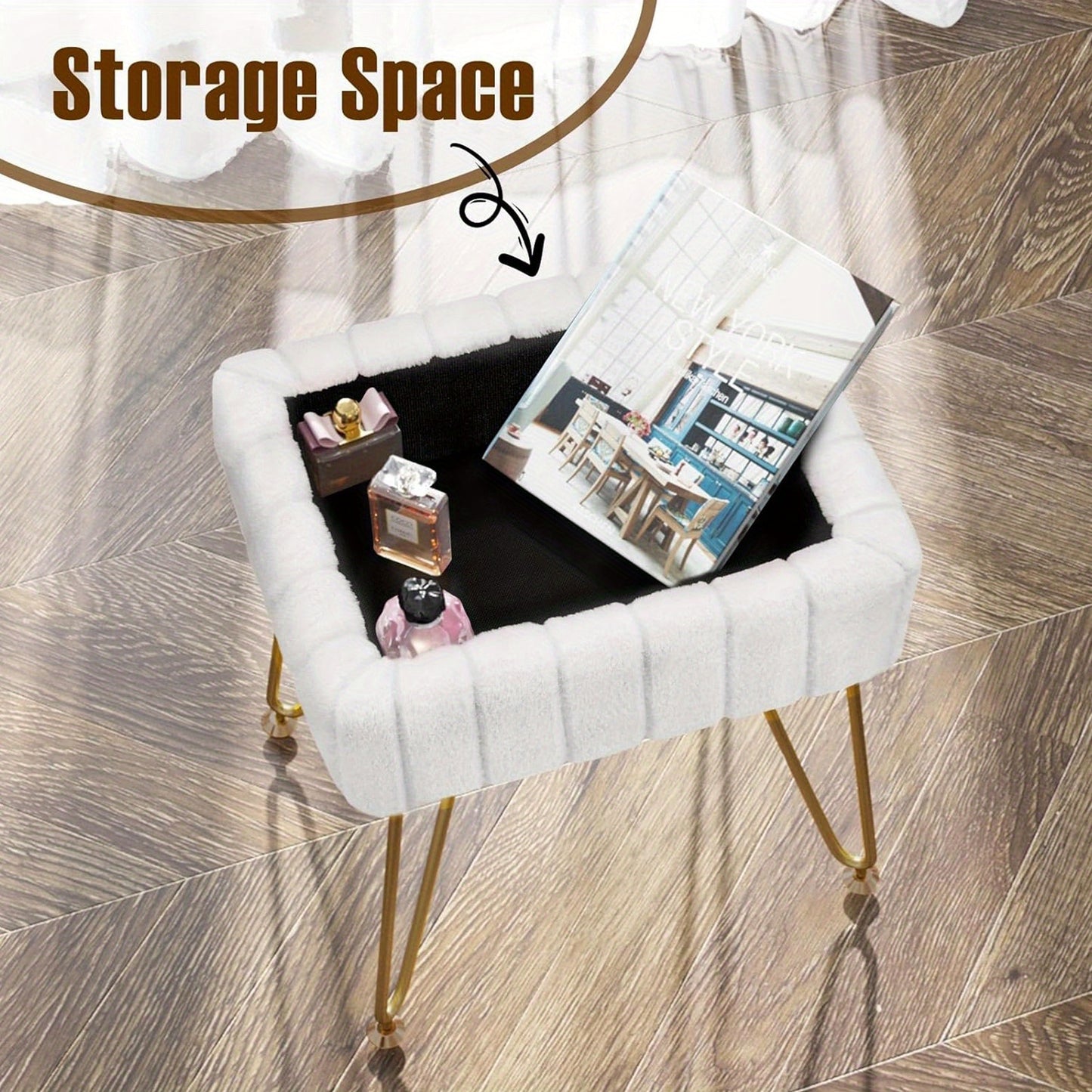Vanity Storage Ottoman Chair | Makeup Vanity Chair with Metal Legs & Soft Faux Fur Surface, Flip Top Foot Rest with Soft Padded Seat for Bedroom Living Room, Ideal for Moms' Boudoir Glam Station & Bedroom Luxury Organization