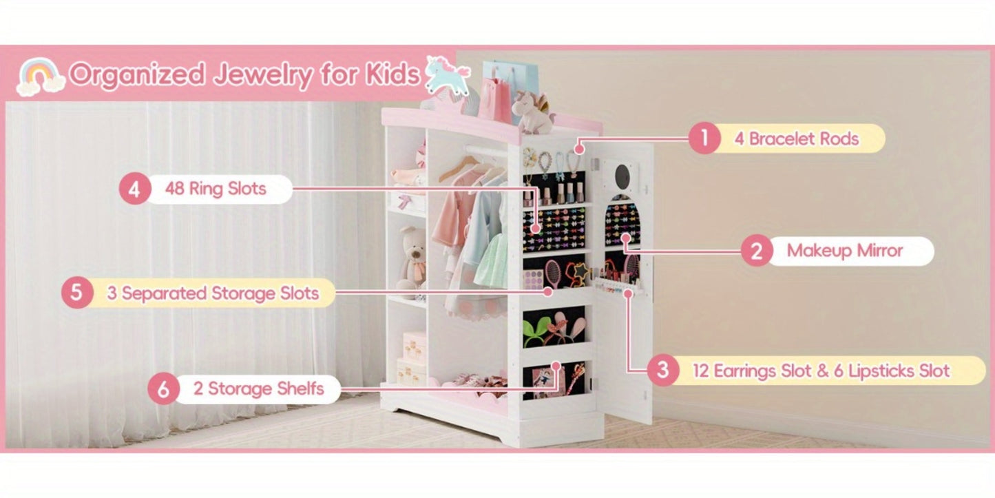 Kids Armoire with Jewelry Cabinet, Dress up Storage with Mirror and Shelves, Princess Dress Closet and Costumes Wardrobe Closet, Costume Organizer for Bedroom, Kids Room, Girls