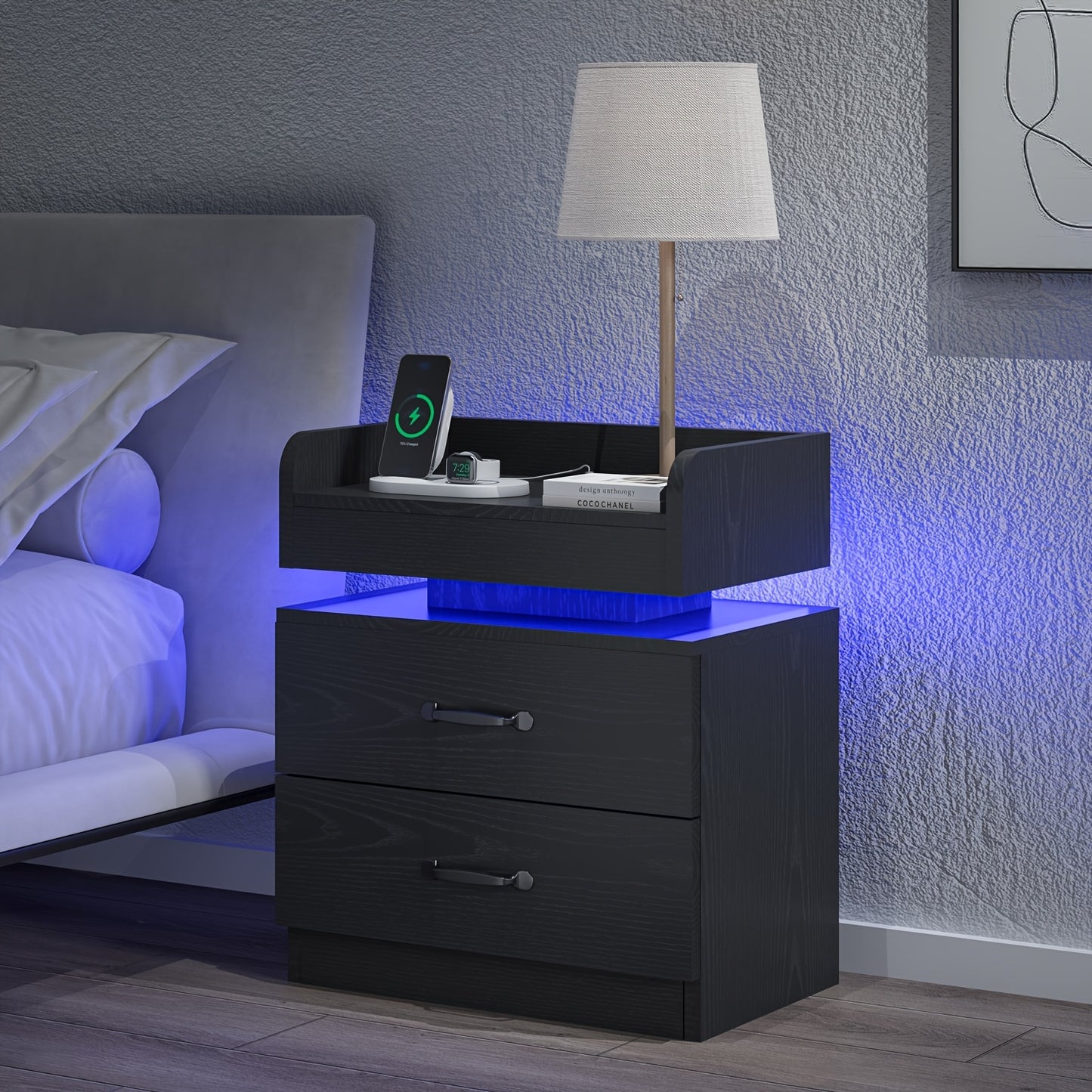 1pc/2pcs Nightstand, Decorative Nightstand with Charging Station, Night Stand with LED Lights, Modern LED End Table Nightstand for Bedroom, Night Stand with 2 Drawers, Bedside Table with Storage for Living Room, White/Black/Grey