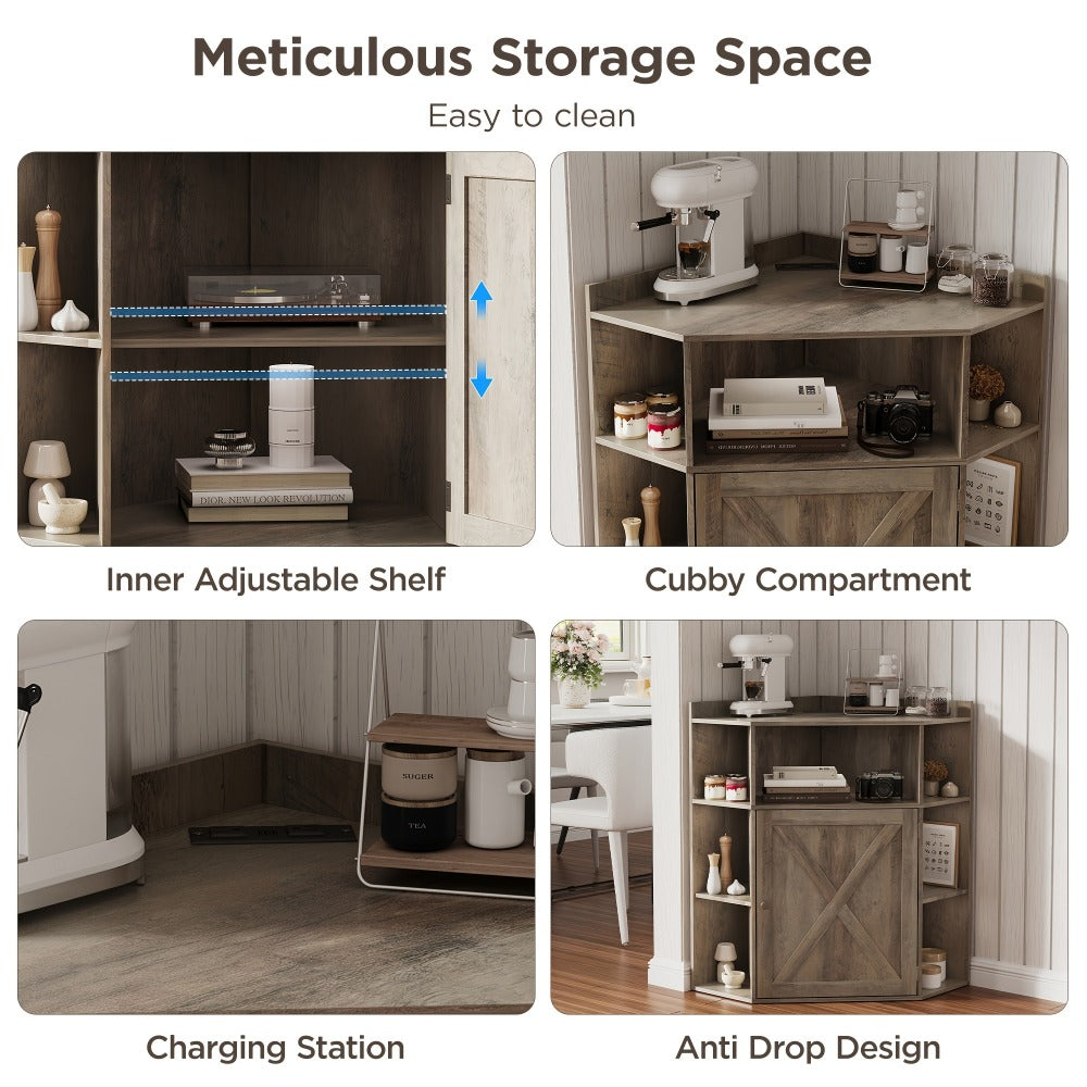 Corner Cabinet with USB Ports & Outlets - 6-Cubby Bookshelf Storage Shelf, Modern Rustic Standing Organizer for Home Office & Living Room, Small Space Corner Shelf