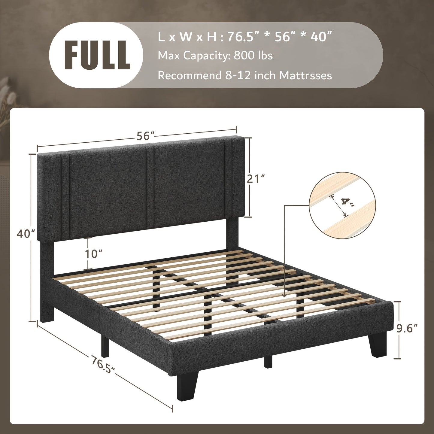 Valnase Bed Frame with 21" Soft Padded Headboard (Striped/Button Tufted), Solid Wood Slats (4" Spacing), Twin/Full/Queen Size Platform Bed with Art Legs -Black Linen/Dark Grey Linen/White Velvet Options