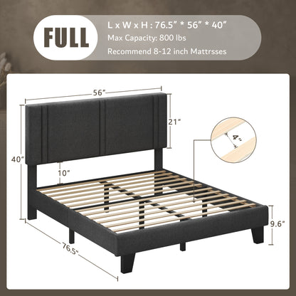 Valnase Bed Frame with 21" Soft Padded Headboard (Striped/Button Tufted), Solid Wood Slats (4" Spacing), Twin/Full/Queen Size Platform Bed with Art Legs -Black Linen/Dark Grey Linen/White Velvet Options