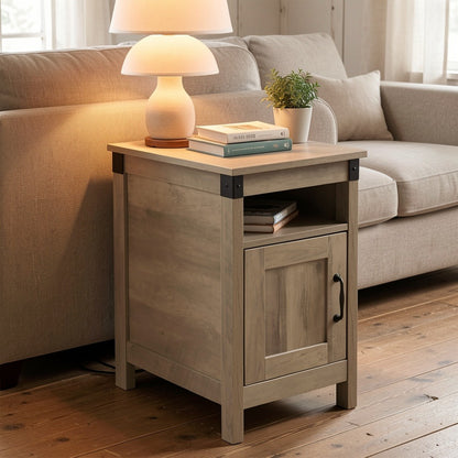 End Table with Charging Station USB Ports & Outlets | Farmhouse Nightstand with Storage for Small Spaces, Narrow Side Table for Living Room & Bedroom | Espresso, White, Brown, Greige