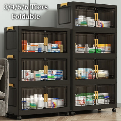 50CM/19.7" Portable Foldable Medicine Cabinet with Lid, 3/4/5/6-Tier Large-Capacity Stackable Black Medicine Box Cabinet with Casters, Multi-Functional Vertical Storage Cabinet, Easy Assembly, for Living Room, Bathroom