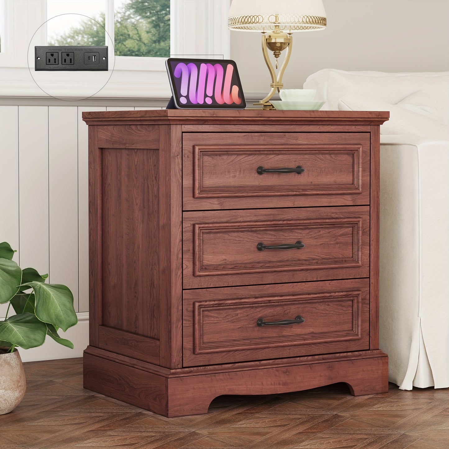 [Nightstand with Charging] Farmhouse Nightstand with Charging Station, White Bedside Table with 3 Drawers, Modern Side End Table for Bedroom, Living Room