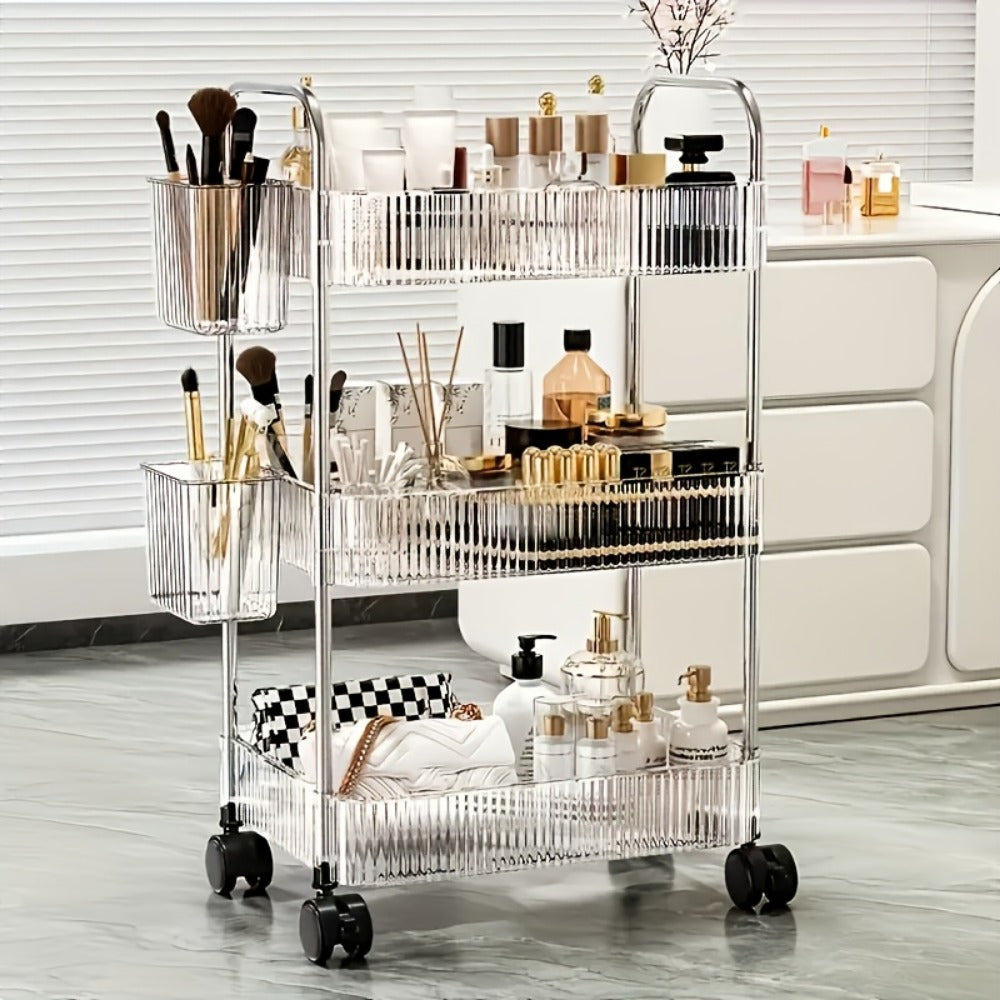 Rolling Storage Cart with Hanging Baskets, 3 or 4 Tier Acrylic Transparent Utility Cart with 360° Silent Wheels, Multifunctional Organizer for Bathroom Kitchen Bedroom Dorm Office Bar Nursery