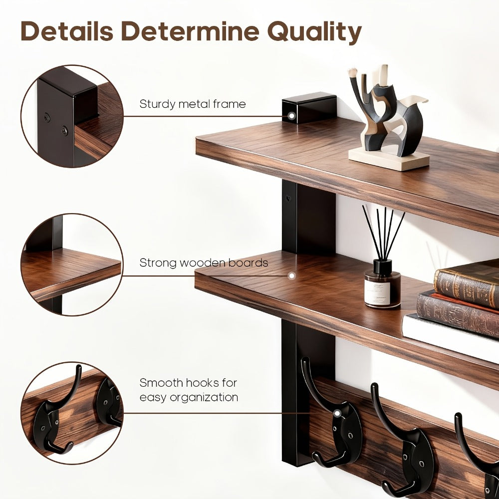 Double Layer Metal Clothes Rack, Wall-Mounted or Freestanding Garment Rack Space Saving Coat Hanger Stand for Bedroom Entryway Living Room Office, Walnut Finish