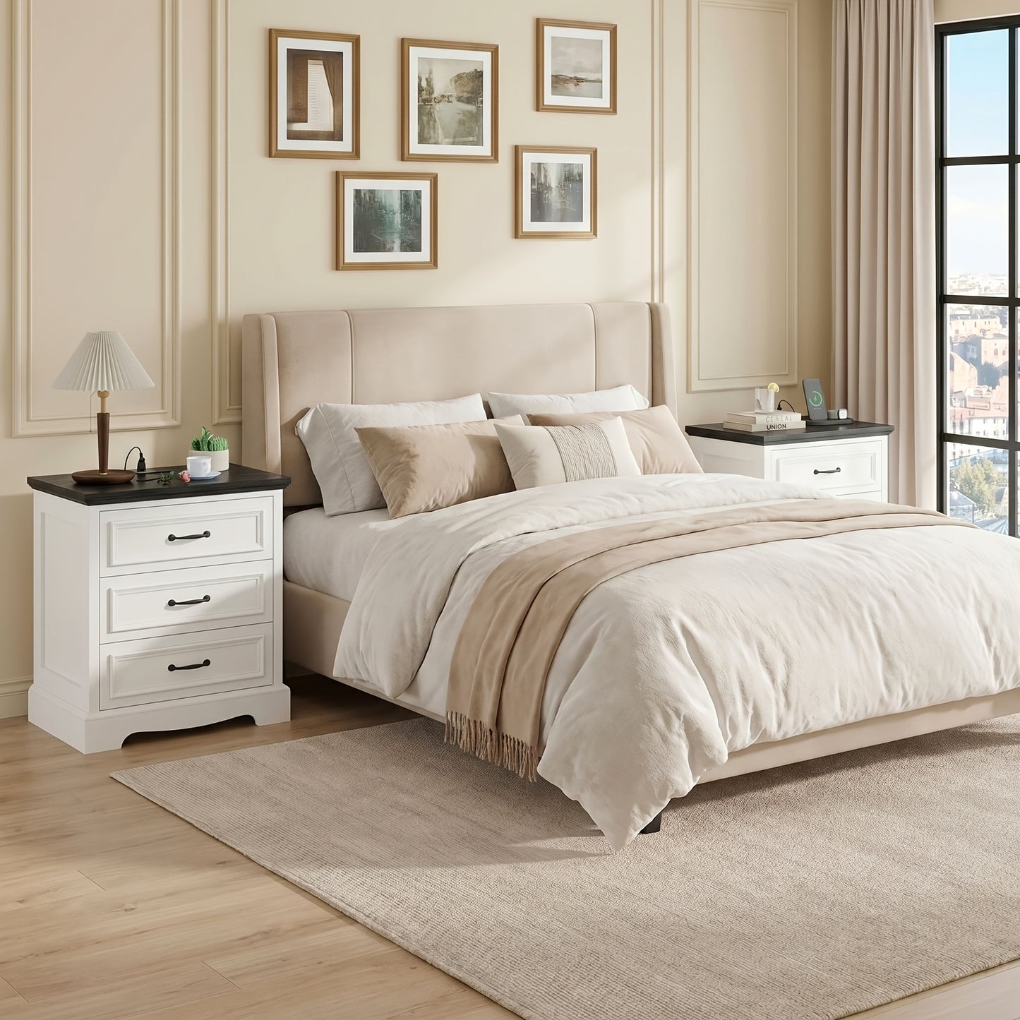 [Nightstand with Charging] Farmhouse Nightstand with Charging Station, White Bedside Table with 3 Drawers, Modern Side End Table for Bedroom, Living Room
