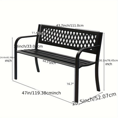 [All-Weather Leisure Bench] 47-Inch Commercial-Grade Cast Iron Leisure Bench With Ergonomic PVC Mesh Backrest, Equipped With Non-Slip Foot Pads, All-Weather Design, Suitable For Outdoor, Courtyard, Garden, And Pool Areas