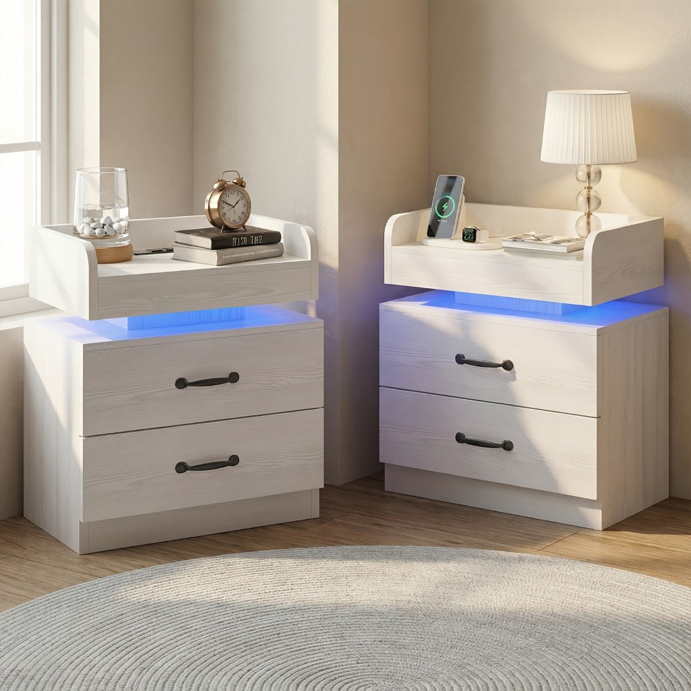 Nightstand with LED Lights & Charging Station – 2 Drawers Bedside Table, Modern End Table for Bedroom Living Room, White Black Grey, 1pc or 2pcs Set
