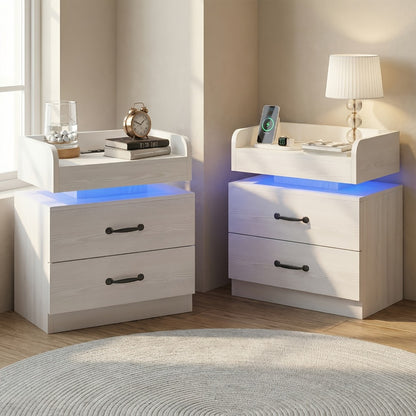 Nightstand with LED Lights & Charging Station – 2 Drawers Bedside Table, Modern End Table for Bedroom Living Room, White Black Grey, 1pc or 2pcs Set
