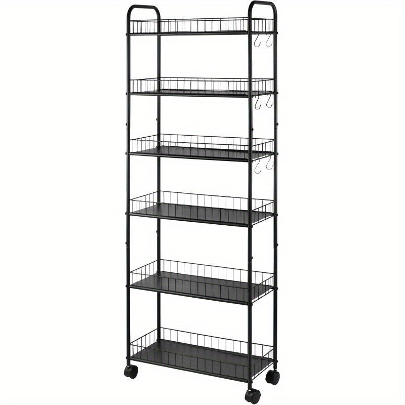 A Slim, Six-Tiered Storage Cart on Wheels, Designed for Utility And Mobility, Perfect for Organizing Spaces in The Kitchen Or Bathroom. Available in Black, with Dimensions Ranging from 6 to 10 Inches