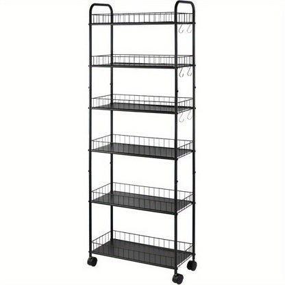 A Slim, Six-Tiered Storage Cart on Wheels, Designed for Utility And Mobility, Perfect for Organizing Spaces in The Kitchen Or Bathroom. Available in Black, with Dimensions Ranging from 6 to 10 Inches