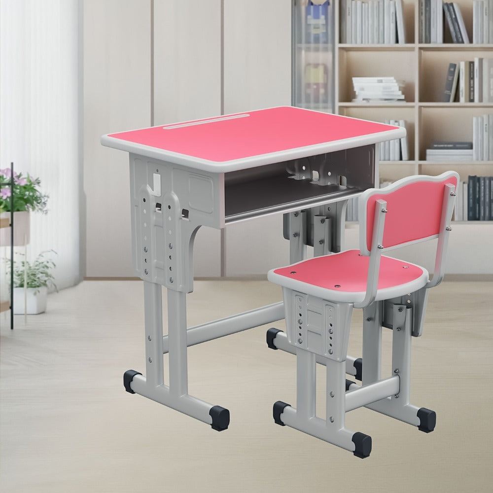 1 Set Classic Adjustable Height Youngsters Desk And Chair, Ergonomic Metal Study Table with Utility Drawer, Floor Mounted School Furniture for Youngsters Aged 3-18 Years, Ideal Christmas Gift
