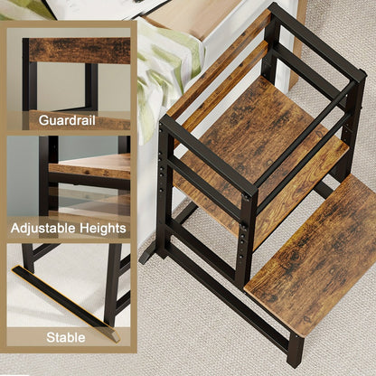 Adjustable Toddler Learning Tower Step Stool with Safety Rail Height Adjustable Kids Kitchen Helper Stool Wooden Steel Stand for Children