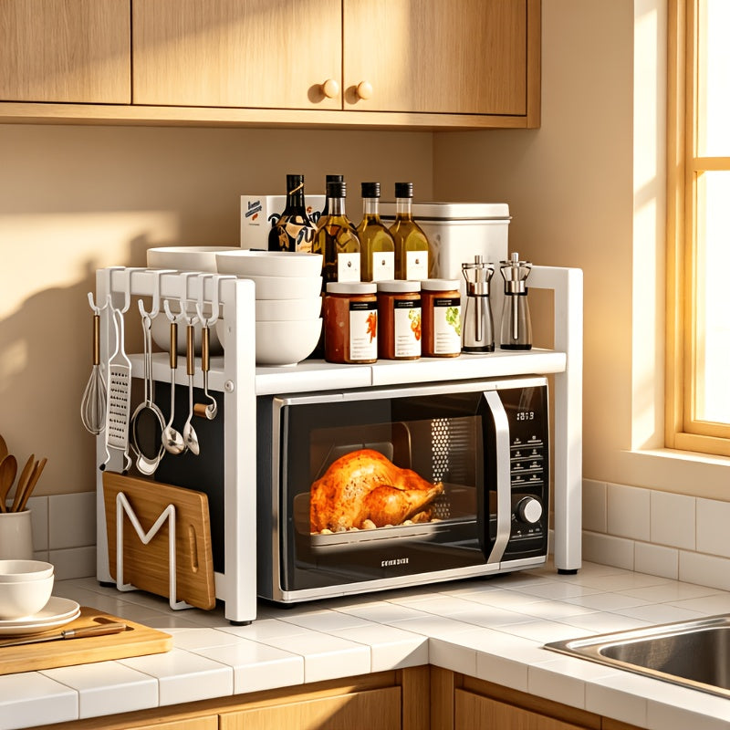 Space-Saving Adjustable Microwave Shelf, Multi-Functional Kitchen Counter Shelf. Thickened Metal, Strong Load Capacity. Easy Assembly, Available In Single Or Double Layer. Adjustable From 16 -24in. Suitable for Microwave, Cookware, And Spice Storage