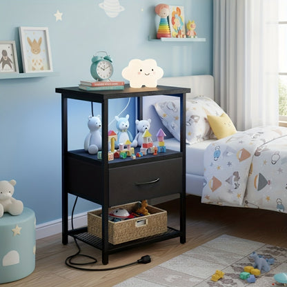 Nightstand with Charging Station, LED Light & Drawer – PU Finish Bedside Table for Bedroom, Black, Rustic Brown or White (1 or 2 Piece Set)