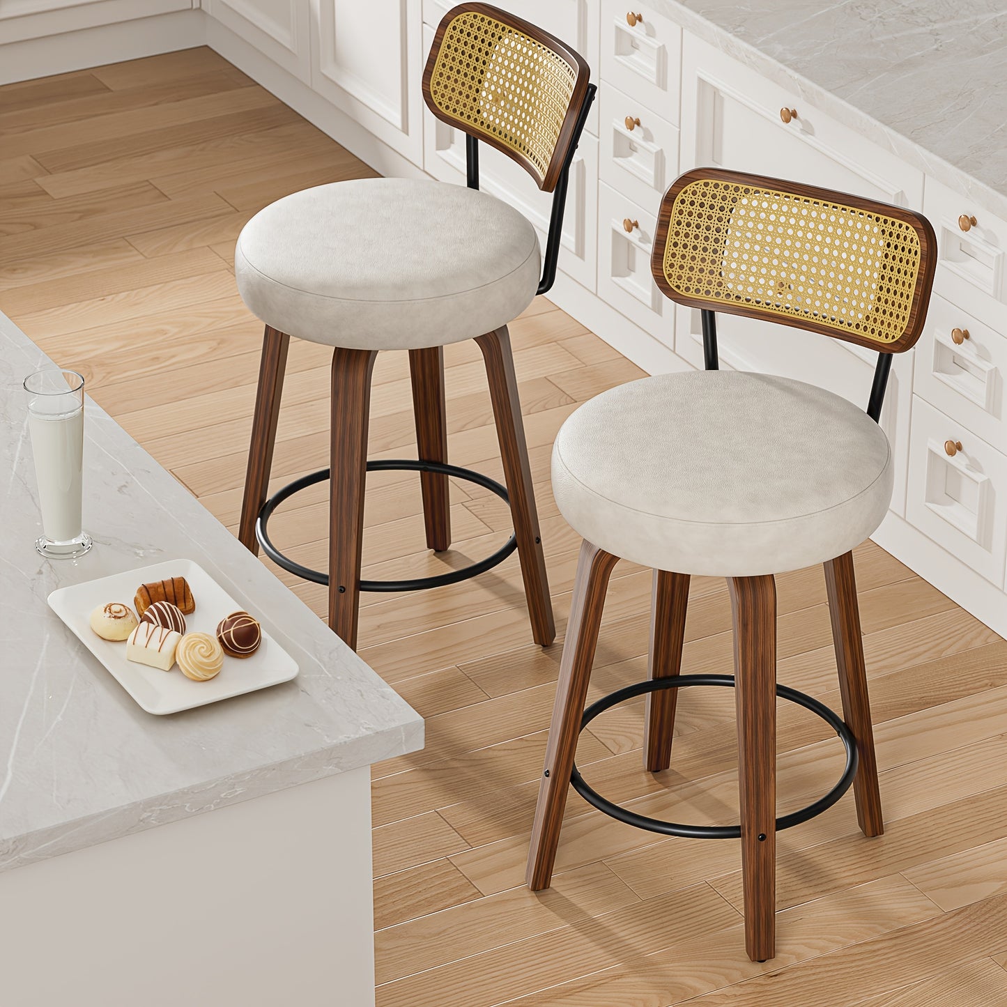 Bar Stools shown in the Vegan Leather-White option