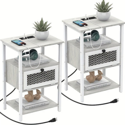 Nightstand, Set of 2 with Charging Station, Farmhouse Bedside Table Pair with USB Ports & shown in the main product view