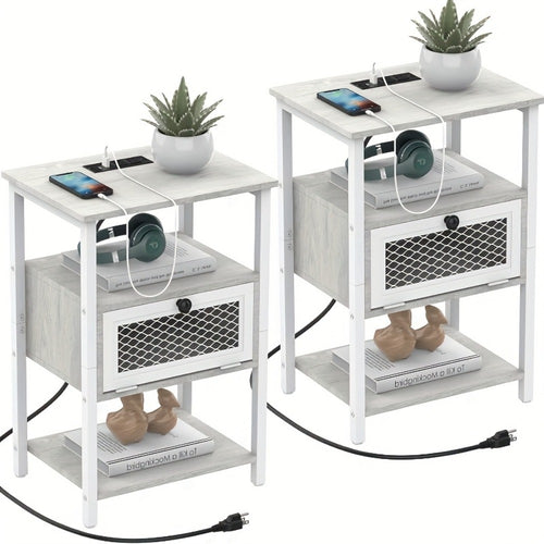 Nightstand, Set of 2 with Charging Station, Farmhouse Bedside Table Pair with USB Ports & shown in the main product view