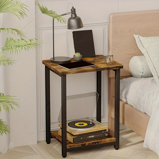 Side Table, Rustic 2-Tier Set of 2 - Brown & Black Small End Table with Storage Shelves shown in the main product view