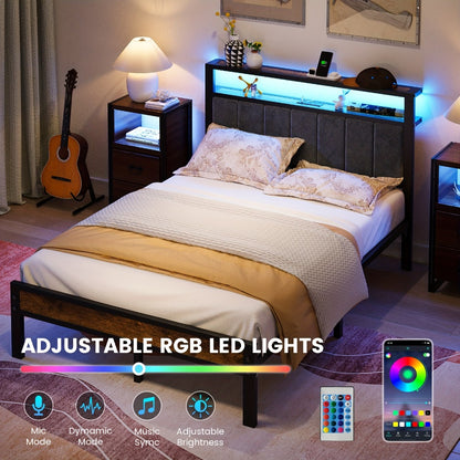 2-Tier Metal Bed Frame with Charging Station and LED Lighting for Bedroom detail image - detail view 7